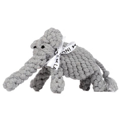 "Elton Elefant: Handgefertigtes Stofftier für Hunde, graues Spielzeug mit verschnörkeltem Design und dekorativer Schleife."