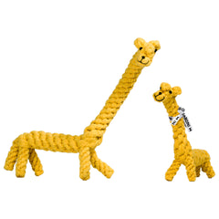 "Greta Giraffe Spielzeuge für Hunde – gelbe, geflochtene Giraffen in groß und klein, ideal für Spiel und Spaß."