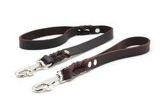 Zwei elegante Hundeleinen aus braunem Leder mit silbernen Karabinerhaken, eine geflochten, die andere schlicht.