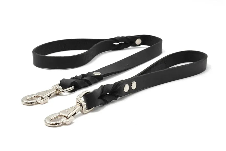 Schlichte schwarze Lederhundeleinen mit Metallkarabiner und verstellbaren Druckknöpfen für optimale Länge.
