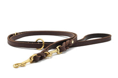 Braune Lederleine 2m mit goldfarbener Schnalle und D-Ring, geflochtene Struktur, für stilvolle Hundespaziergänge.