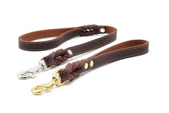 Zwei edle Hundeleinen aus dunkelbraunem Leder mit helleren Nähten, eine mit silbernem und eine mit goldfarbenem Karabinerhaken.
