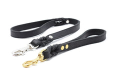 Schwarze Lederhundeleinen mit silbernem und goldenem Karabinerhaken sowie Nietenverzierungen. Ideal für stilvolle Hundebesitzer.