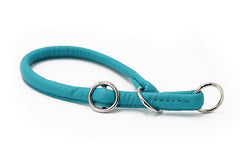 Türkisfarbenes, rundgenähtes Lederhalsband für Hunde mit silbernen Ringen und glatter, weicher Oberfläche.