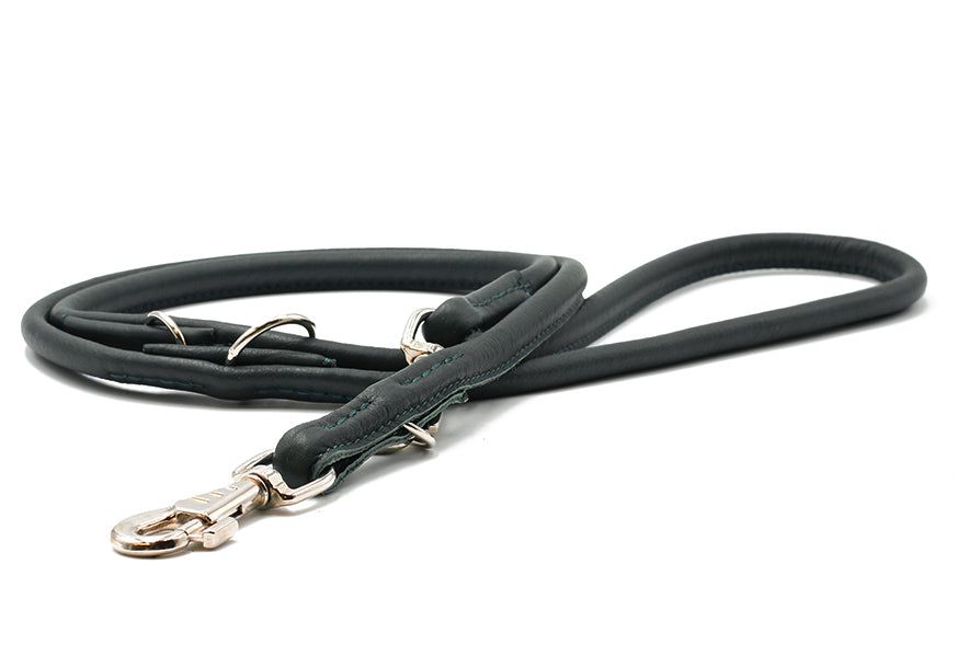 Schwarze, rundgenähte Lederleine 2m mit silbernem Karabinerhaken – robust und elegant für deinen Hund.