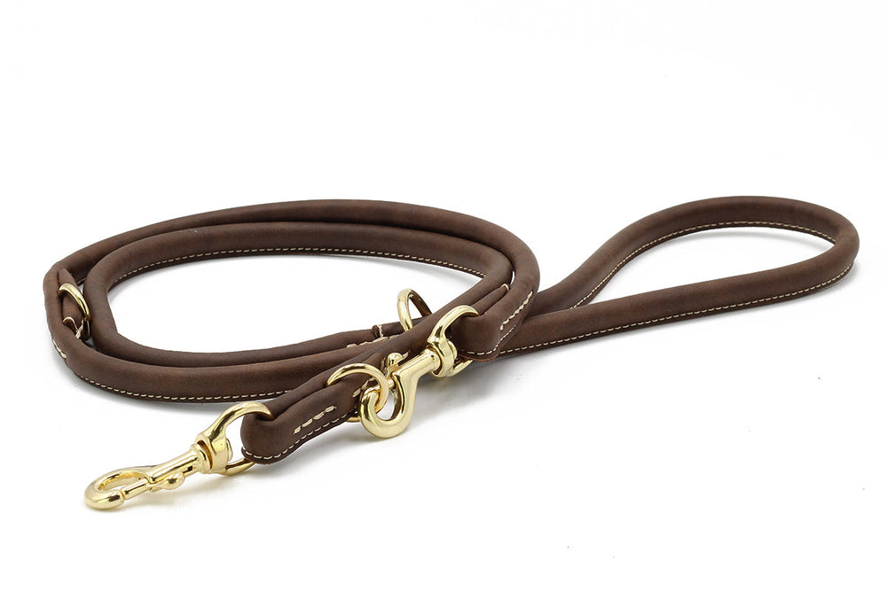 Braune, rundgenähte Lederleine für Hunde mit goldenem Karabiner und ergonomischem Griff. Elegantes Design und hohe Qualität.