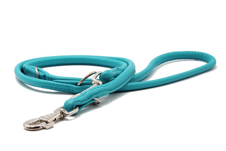 Turquoise Lederleine rundgenäht 2m mit gepolstertem Griff und silbernem Karabinerhaken für optimalen Komfort.