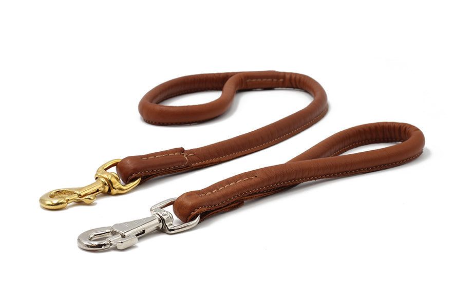 Braune, gepolsterte Lederhundeleine mit goldenen und silbernen Karabinerhaken, elegant und funktional.