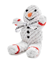 Hundespielzeug Schneemann aus Seil mit schwarzer Knopfleiste, orangefarbener Nase, rotem Akzent und "LABONI"-Schleife. Perfekt für Hunde.