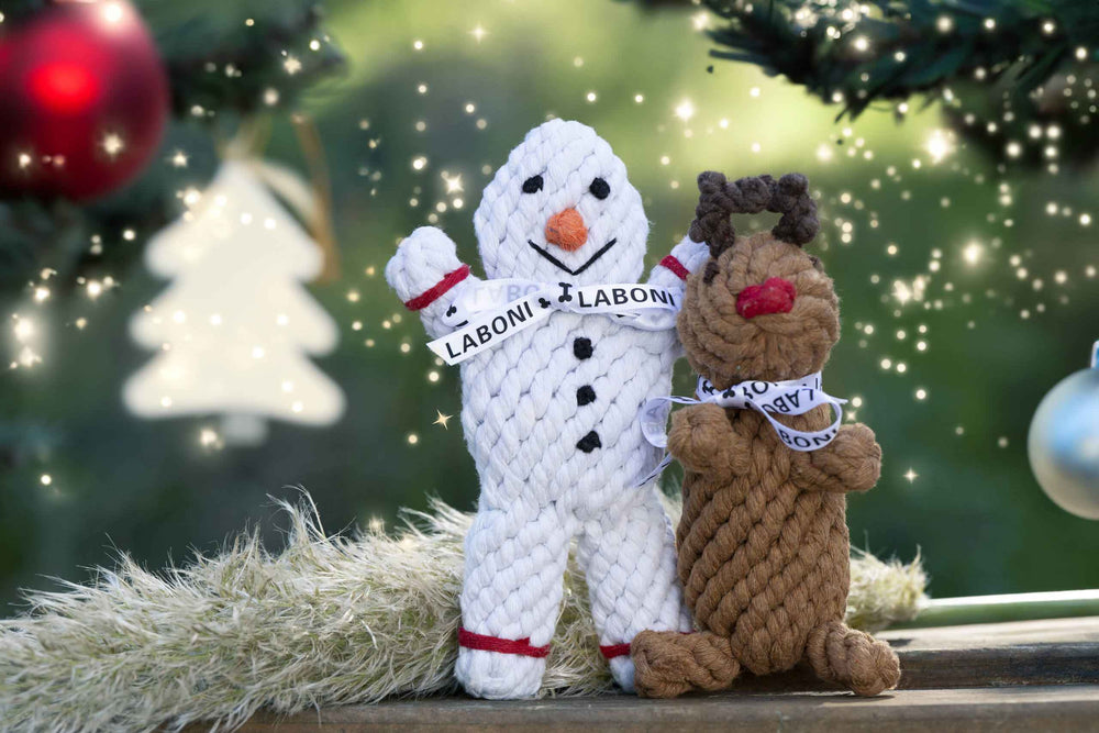 "Niedliches Winter-Spielzeug-Set für Hunde: Seil-Schneemann und Rentier mit LABON-Band vor festlicher Kulisse."