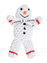 ALT-Text: Geflochtener Schneemann für Hunde – kultiges, spielerisches Spielzeug in Weiß mit schwarzen Knöpfen und orangener Nase.
