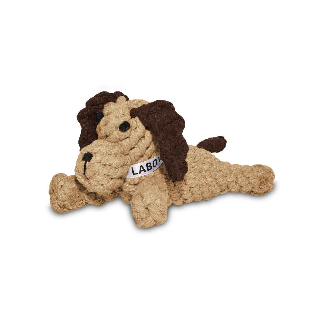 Kult-Spielzeug „Doggy Dog“ für Hunde, geflochten, beige mit braunen Ohren, niedliches Design, ideal zum Spielen.