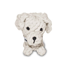 ALT-Text: Plüsch-Spielzeug Tapsi für Hunde, weißes Hundedesign, geflochten, mit Halsband und Knochen-Motiv.