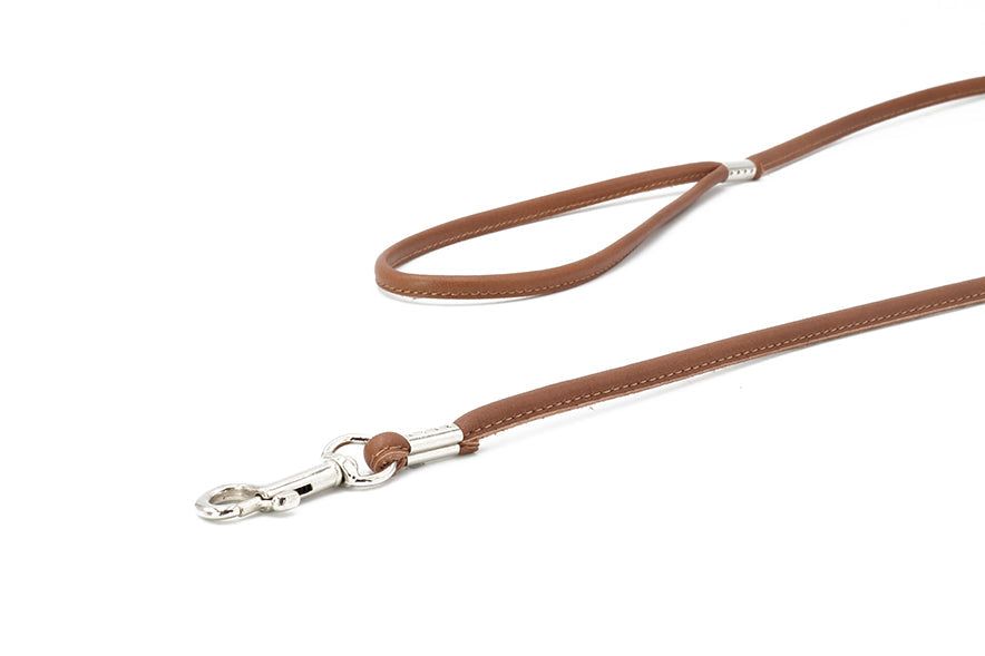 Braune feine Hundeleine aus Leder mit glänzendem Karabiner und eleganter heller Naht.