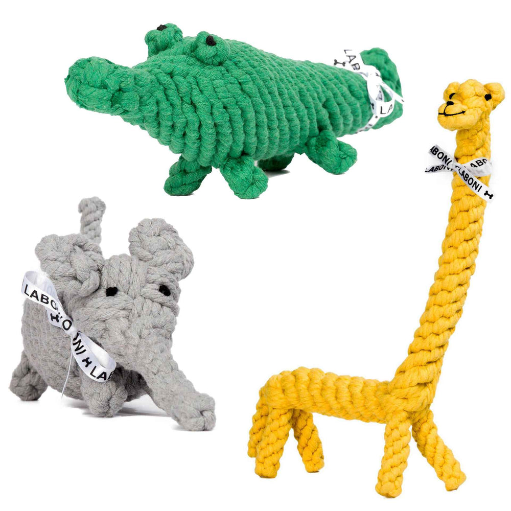 ALT-Text: Tierförmiges Hundespielzeug-Set mit Krokodil, Elefant und Giraffe aus geknotetem Material in bunten Farben.