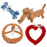 "Spielzeug-Set für Hunde mit Seilmaterial: blauer Kauknochen, brauner Dackel und Spielring."