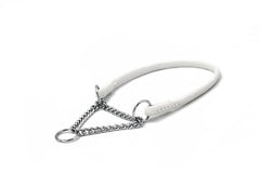 Weißes Showhalsband für große Hunde mit Edelstahlring und Kette, ideal für den Hundesport und Ausstellungen.
