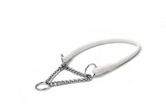 Weißes Showhalsband für große Hunde mit Edelstahlring und Kette, ideal für den Hundesport und Ausstellungen.