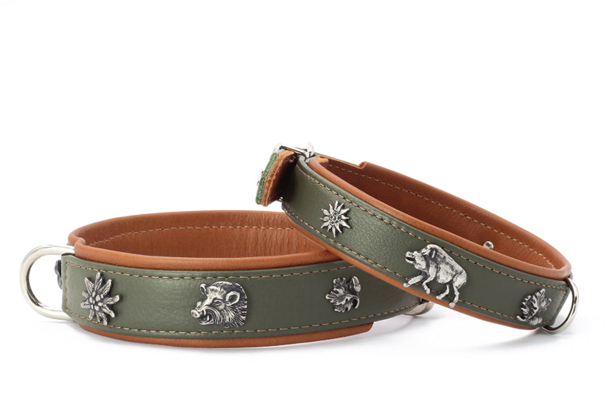 Grüne Lederhalsbänder mit silbernen Tiermotiven und pflanzlichen Symbolen für Hunde und andere Haustiere.