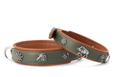 Grüne Lederhalsbänder mit silbernen Tiermotiven und pflanzlichen Symbolen für Hunde und andere Haustiere.