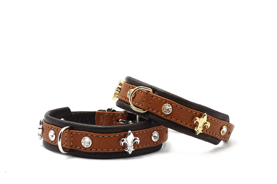 Zwei braune Leder-Hundehalsbänder mit Schmucksteinen, eines mit goldener Schnalle und Lilienmotiv.