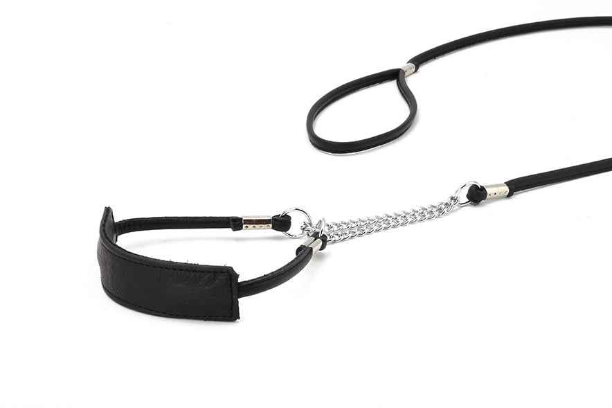 Schwarze Showleine mit Ledergriff und Metallkette, elegantes Design und gepolsterter Griff für hundefreundlichen Komfort.