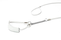 Weiße Hundeleine mit Ledergriff und metallischer Kette, modern und schlicht, auf weißem Hintergrund.