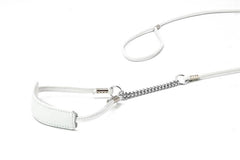 Weiße Hundeleine mit Ledergriff und metallischer Kette, modern und schlicht, auf weißem Hintergrund.