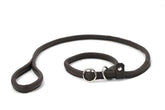 Dunkelbraune Lederleine für Hunde, klassisch und robust, mit runden Griff und Befestigungsring.