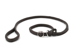 Dunkelbraune Lederhundeleine mit runder Schlaufe und Metallring, schlicht und elegant gestaltet.
