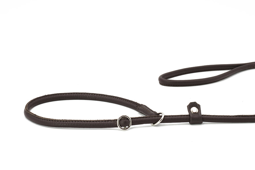 Verstellbare braune Lederleine für große Hunde, flexibel und elegant, ideal für den täglichen Gebrauch.