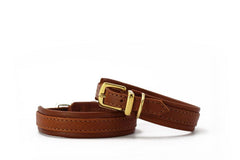 Braune Lederriemen mit goldfarbenen Schnallen auf weißer Unterlage, ideal für stilvolle Hundehalsbänder.