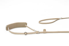 Beige Hundehalsband und Leine mit gepolsterter Innenseite, verstellbar und komfortabel für Ihren Hund.