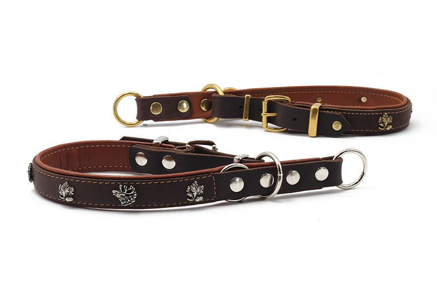 Braune Lederhundeleinen mit Metallbeschlägen und dekorativen Prägungen in gold und silber, ideal für stilvolle Hundehalter.