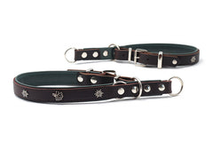 Halsband Zugstopp in Dunkelbraun mit grüner Innenseite und Metallnieten, ideal für Hunde, verstellbar und mit Karabinerhaken.