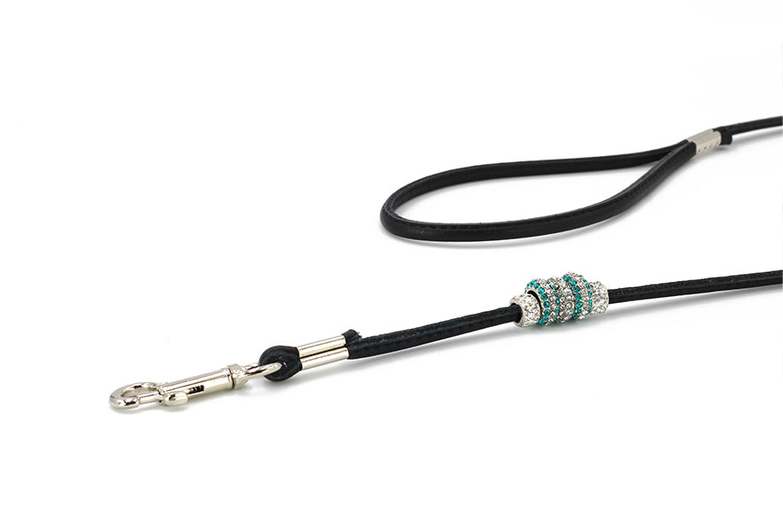 Elegante schwarze Hundeleine 1m mit funkelndem Perlengriff und silbernem Karabinerhaken.