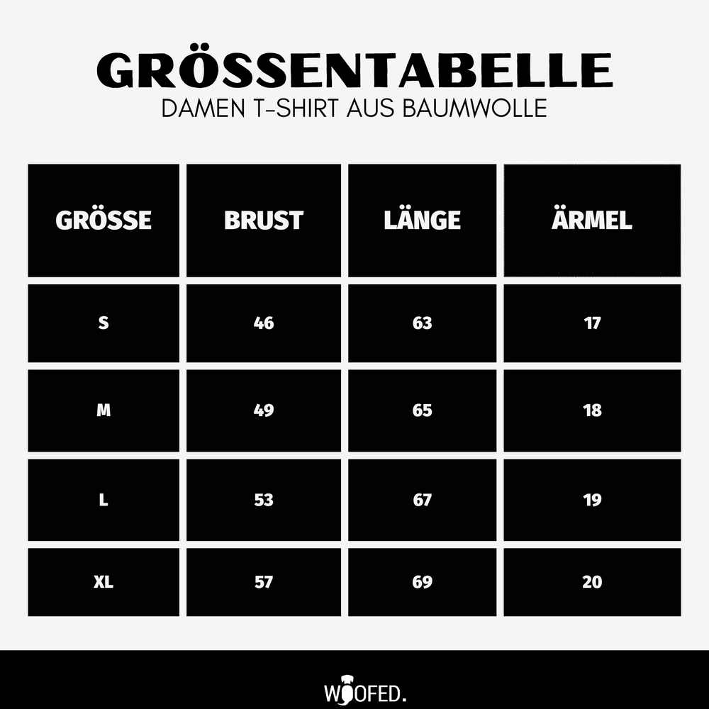 Größentabelle für Damen T-Shirts "Dogmom" mit Maßen für Brust, Länge und Ärmel in S, M, L und XL in cm.