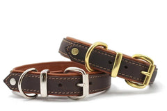 Zwei elegante Hundehalsbänder aus braunem Leder mit silberner und goldener Schnalle. Ideal für stilvolle Vierbeiner.