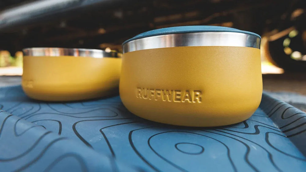 "Zwei robuste Hunde-Napf-Schalen von Ruffwear in Gelb mit Blau auf blauer rutschfester Unterlage."