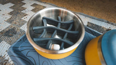 Runde gelbe Slow Feeder Schüssel mit gummiertem Einsatz und blauer rutschfester Unterlage für Haustiere.