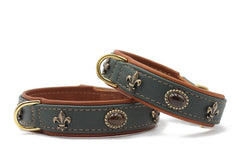 Grüne und braune Lederhalsbänder mit goldfarbenen Nieten und Fleur-de-Lis-Motiv für stilvolle Hunde.