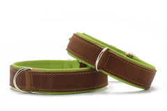 Zwei Hundehalsbänder in Braun mit grünem Innenfutter und auffälliger Naht, ausgestattet mit stabilen Metallringbefestigungen.