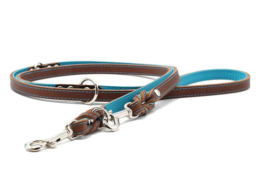 "Hochwertige Mokka Lederleine 2m mit blauen Akzenten und stabilem Karabinerhaken für Hunde."