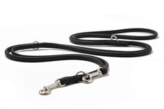 Schwarze Lederleine rundgenäht 3m mit silbernem Karabinerhaken, ideal für Spaziergänge mit Hunden.