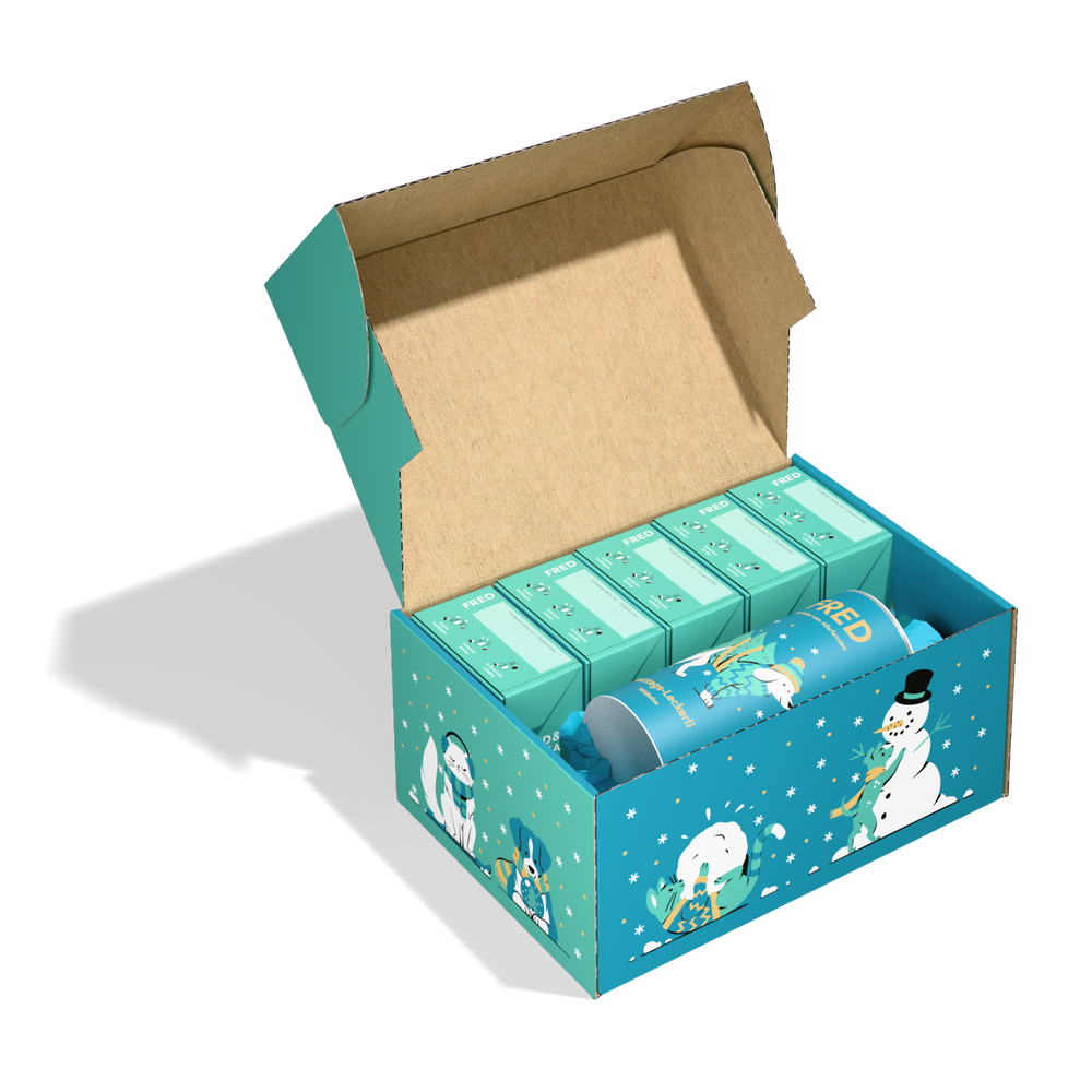 FRED Weihnachtsbox M mit offenen, dekorativen Boxen und Flasche, ideal als Geschenk für die festliche Jahreszeit.