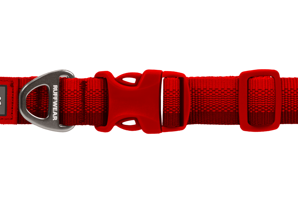 Rotes Front Range™ Hundehalsband mit stabiler Metallschnalle und verstellbarer Kunststoffschnalle aus robustem Material.