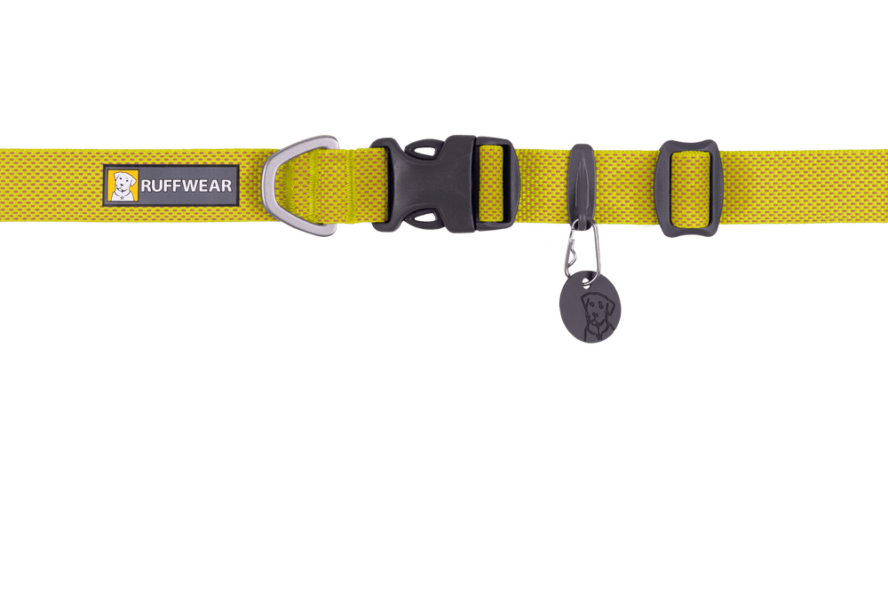Leichtes gelbes Hundehalsband von Ruffwear mit robuster Schnalle und D-Ring für die Leine und ID-Halterung.