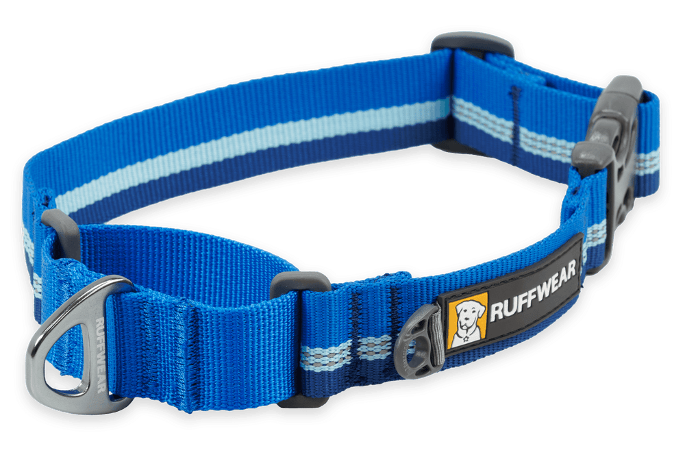 Blaues Ruffwear Martingal-Hundehalsband aus strapazierfähigem Material mit reflektierenden Streifen und verstellbarer Schnalle.