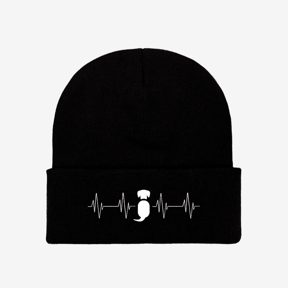Beanie Mütze Lifeline in Schwarz mit Hundemotiv und Herzschlag-Design, ideal für Hundeliebhaber und stilbewusste Träger.