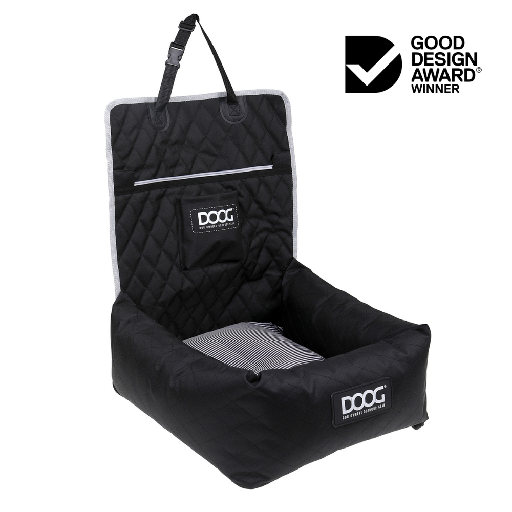Hundebox für Autos mit gepolstertem Innenbereich, verstellbarem Gurt und Auszeichnung für gutes Design.
